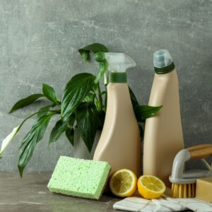 tan colored cleaning products in front of a plant