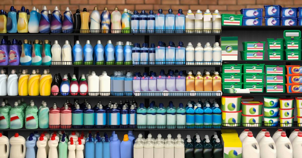 Multiple cleaning products arranged by bottle size and type on a long shelf placed against a red brick wall.