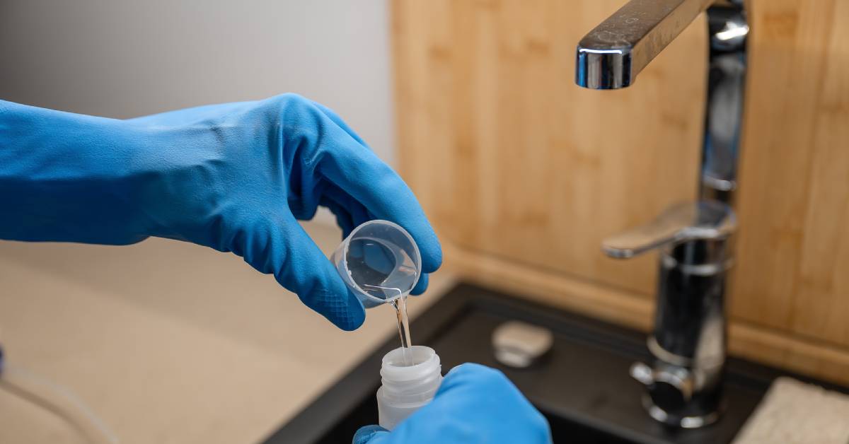 Two hands wearing blue latex gloves, up close, pouring liquid from a small cap into a large bottle over a sink.