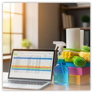 Cleaning products by open laptop